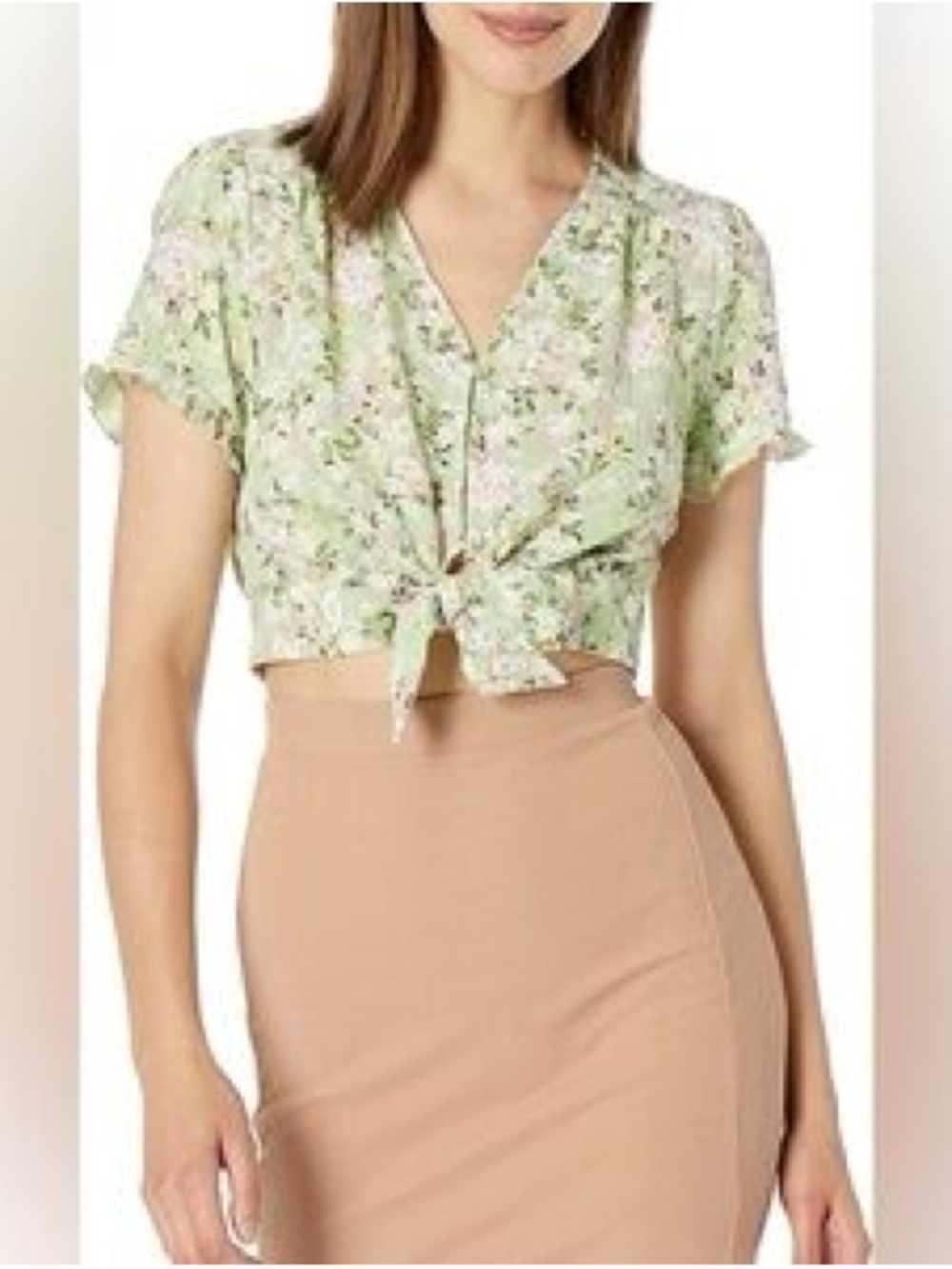 BCBGMaxAzria Light Green Floral Tie-Front Crop Top